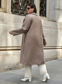 SHEIN Cottnline معطف طويل مزدوج الصدر مربوط الخصر للنساء ذوات الحجم الكبير - بيج - مشاهدة 2