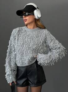 EURMUSE Jersey de cuello redondo con detalles de flecos para mujer - Gris - Ver 1