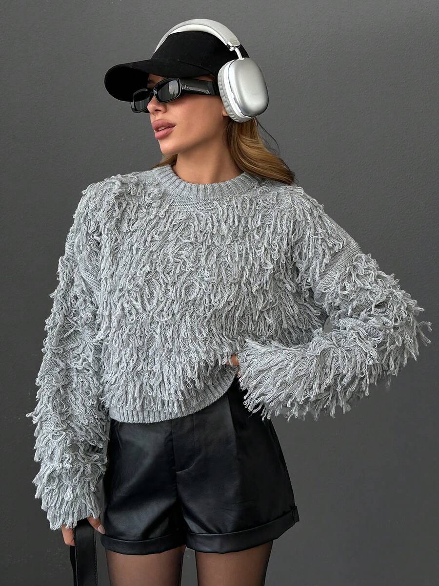 EURMUSE Jersey de cuello redondo con detalles de flecos para mujer - Gris - Ver 1