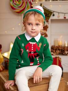 SHEIN 男童秋冬时尚卡通圣诞图案长袖柔软提花针织套头毛衣，可爱保暖内搭毛衣，适合秋冬季节穿着 - 綠色 - 查看 3