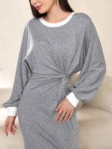 Mulvari Women's Round Neck Batwing Sleeve Waist Twist Open-Hem Casual Sweatshirt Dress, Spring/Autumn Pullover Fall Outfit - Grey - View 4
