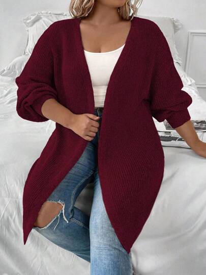 SHEIN LUNE Plus Size Women's Solid Color Dropped Shoulder Sleeve Casual Minimalist Versatile Burgundy Cardigan Sweater, Autumn/Winter Fall Cloth For Women