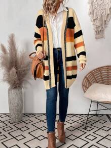 SHEIN LUNE Women's Loose Shawl Collar Striped Cardigan, Autumn & Winter Fall Cloth For Women - Multicolor - View 5