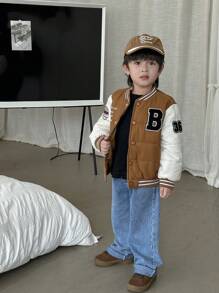 Young Boy Color Block Baseball-Collar Long Sleeve Casual Padded Coat, Front Row Seating - Multicolor - View 5