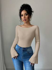 Elenzga 1 pieza Suéter ajustado para damas con mangas abullonadas y hombros descubiertos