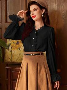 Vintamour 复古优雅女式衬衫，蕾丝拼接，V 领，长喇叭袖，荷叶边下摆和精致的珍珠纽扣，非常适合工作返校服装秋装女式衬衫秋季上衣秋季服装教师服装冬季女士复古服装白色长袖衬衫纽扣衬衫长袖上衣长袖衬衫 - 黑色 - 查看 4