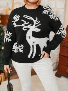 Plus Size Women Deer Print Long Sleeve Casual Pullover Sweater, Christmas Winter - Black and White - View 1