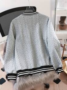 SHEIN EZwear Plus Size Women Casual Long Sleeve Gray Striped Baseball Jacket, Spring Autumn