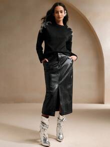 Anewsta 优雅水钻装饰圆领黑色毛衣上衣，情人节女士穿搭 - 黑色 - 查看 4