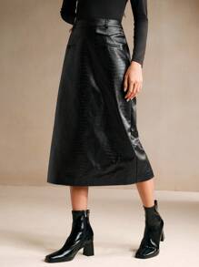 Anewsta Modern Elegant High Waisted Straight Cut Slit PU Crocodile Texture Skirt - Black - View 5