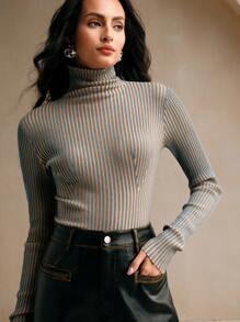 Anewsta 秋冬时尚渐变双罗纹高领修身T恤 - 藍色 - 查看 3