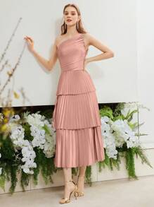 MOTF PREMIUM VESTIDO LARGO CON Body FRUNCIDO DE UN SOLO HOMBRO Y BAJO PLISADO EN CAPAS