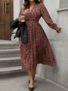 SHEIN Clasi 大码 V 领全印花长袖休闲连衣裙 - 藕粉色 - 查看 3