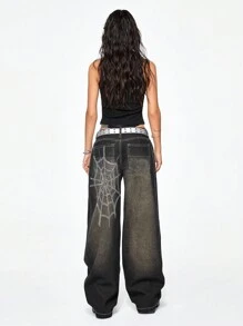 ROMWE Grunge Punk 宽松版型颓废风做旧复古超宽松水钻蜘蛛网女式低腰牛仔裤 - 黑色 - 查看 4