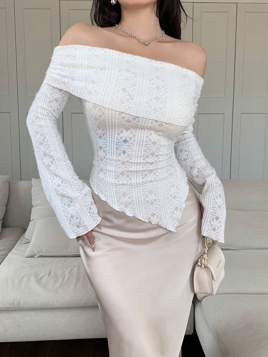 Modelyn Women's Spring & Fall Off-Shoulder Long Sleeve Asymmetric Hem Form-Fitting Elegant T-Shirt - White - View 1