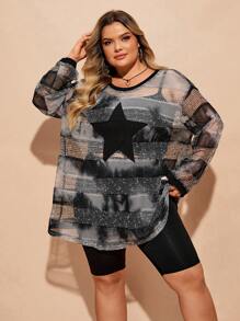 SHEIN CURVE+ Curve Plus Winter  Fall Halloween  Women's See-Through Star Patterned Round Neck Drop Shoulder Long Sleeve Dress For Spring And Summer