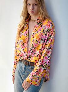 Maija Women Versatile Casual Vacation Yellow Floral Print Long Sleeve Button Up Shirt, All Seasons - Multicolor - View 7