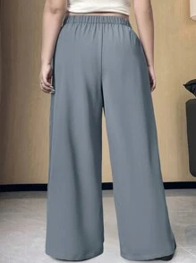 Flirla Pantalones anchos de talla grande de cintura alta, de unicolor y casuales - Azul - Ver 2