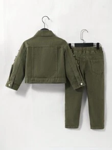 SHEIN Explorewe 2pcs Young Boy Casual Green Washed Denim Jacket Jeans Set, For Everyday & Back To School Wear Chic Outfits For Autumn/Winter - Army Green - View 2