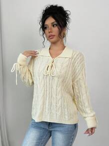 Chiquease Casual Solid Color Drop Shoulder Sweater For Autumn And Winter Knit Pullover Fall Outfit - Apricot - View 6