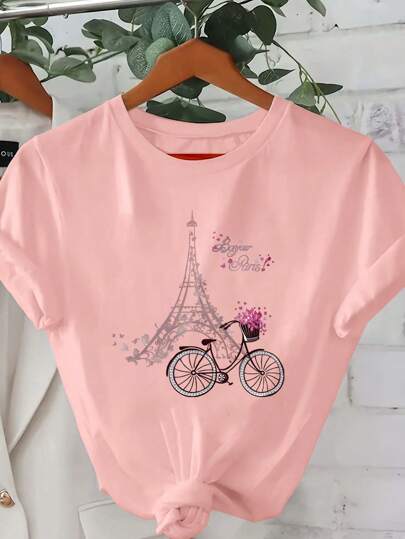 INAWLY Flower, Eiffel Tower & Bicycle Printed Women's Casual Round Neck Short Sleeve T-Shirt Bonjour Paris Graphic Tees Women Tops