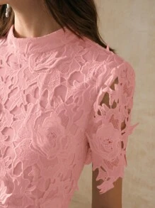 Anewsta Fitted Lace Trim Short Sleeve Dress For Women Maxi Women Outfit - Pink - View 5