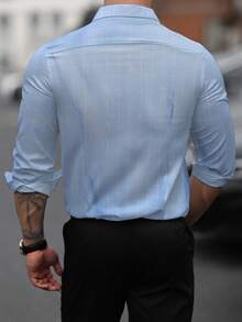 Manfinity Mode 男士春秋休闲格子长袖衬衫 - 藍色 - 查看 2