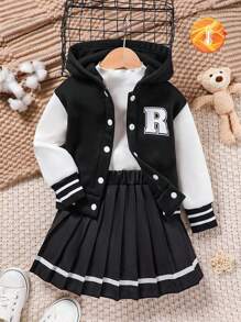 SHEIN 年轻女孩学院风字母印花保暖连帽夹克和百褶裙两件套黑色女婴套装 - 黑色 - 查看 1