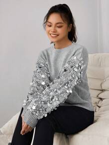 1 Áo len dệt kim đính sequin thời trang cho bé gái tuổi teen, thích hợp cho các bữa tiệc vào mùa thu/đông. Chất liệu vải màu xám bạc thời trang và đa năng, có thể kết hợp với váy để có vẻ ngoài hợp thời trang, hoàn hảo cho lễ Halloween, Giáng sinh và các bữa tiệc khác. - Bạc - Xem 6