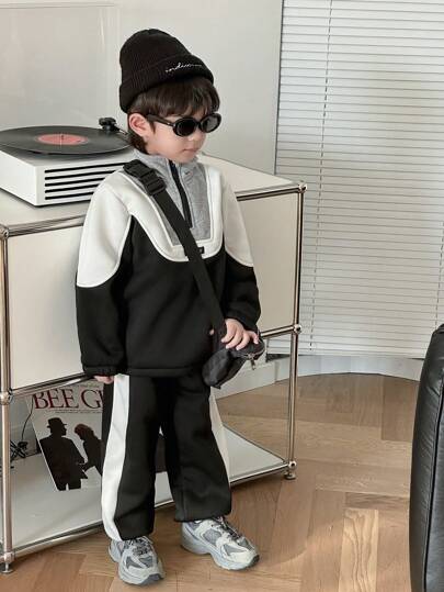 2 件装年轻男孩休闲拼色立领夹克连帽衫上衣 + 拼色裤套装，百搭、时尚、舒适，适合搭配各种夹克、日常穿着的外套，秋冬季