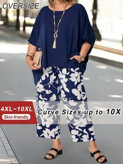 SHEIN CURVE+ Plus Size Women's Teacher Clothes Fashionable Dark Blue Curved Bind Shirts & Blue And White Flower Printed Pants With Pockets Elegant Going Out Sets Two-Piece Set