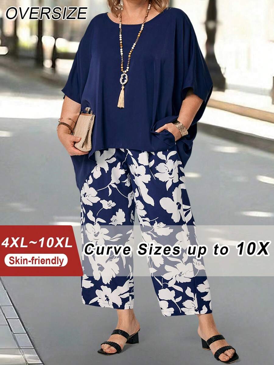 SHEIN CURVE+ 大码女教师服装时尚深蓝色曲线衬衫和蓝白花印花裤子带口袋优雅外出套装两件套 - 彩色 - 查看 1