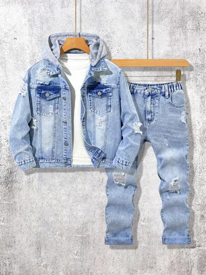 SHEIN Tween Boy Oversized Casual Ripped Washed Denim Set, Fashionable Light Blue, School, Campus, College Chic Outfits For Autumn/Winter