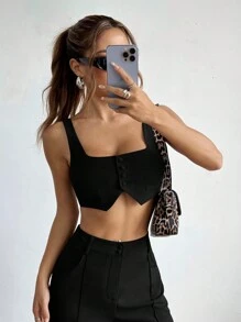 SHEIN EZwear 2 件套女士夏季纯色短款上衣和阔腿裤休闲装 - 黑色 - 查看 5