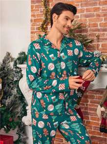 SHEIN 2pcs Men's Green All-Over Christmas Themed Print Loungewear Set, Long Sleeve Cardigan And Relaxed Pants, Comfortable