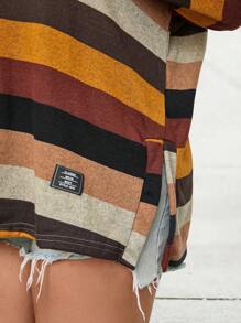 SHEIN LUNE Plus Size Colorful Striped Crew Neck Slit Hem Long Sleeve T-Shirt Thanksgiving Holiday - Brown - View 4