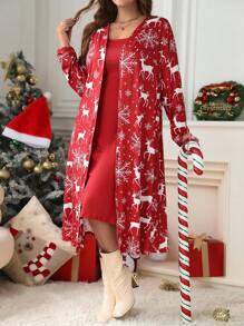 SHEIN LUNE 2 件大码圣诞麋鹿和雪花印花夹克和纯色吊带连衣裙套装，女士服装 - 紅色 - 查看 4