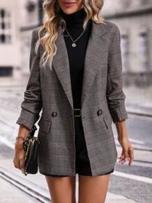 SHEIN Clasi Plaid Print Double Button Blazer - Brown - View 5