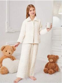 2pcs/Set Tween Girl Simple & Fashionable Plush White Solid Color Long Pants & Cardigan Homewear Set, Autumn/Winter - White - View 1
