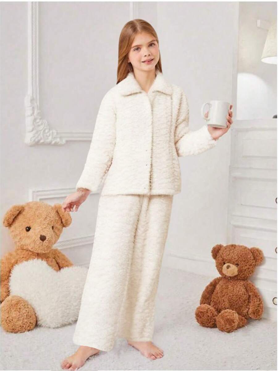 2pcs/Set Tween Girl Simple & Fashionable Plush White Solid Color Long Pants & Cardigan Homewear Set, Autumn/Winter - White - View 1