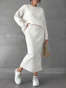SHEIN Cottnline Women Solid Color Round Neck Drop Shoulder Pullover & Sweater Skirt Set - Beige - View 5