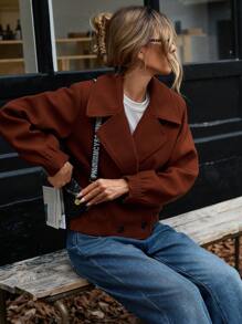 Aveloria 女士法式时尚复古风格褶皱袖口和下摆、翻领、双排扣短夹克、秋季服装 - 棕色 - 查看 7