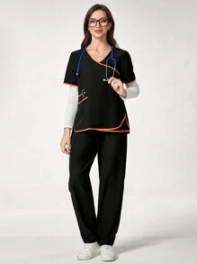 TaskEZ 2pcs Women Uniform Scrub Set: V-Neck Short Sleeve Top And Pants