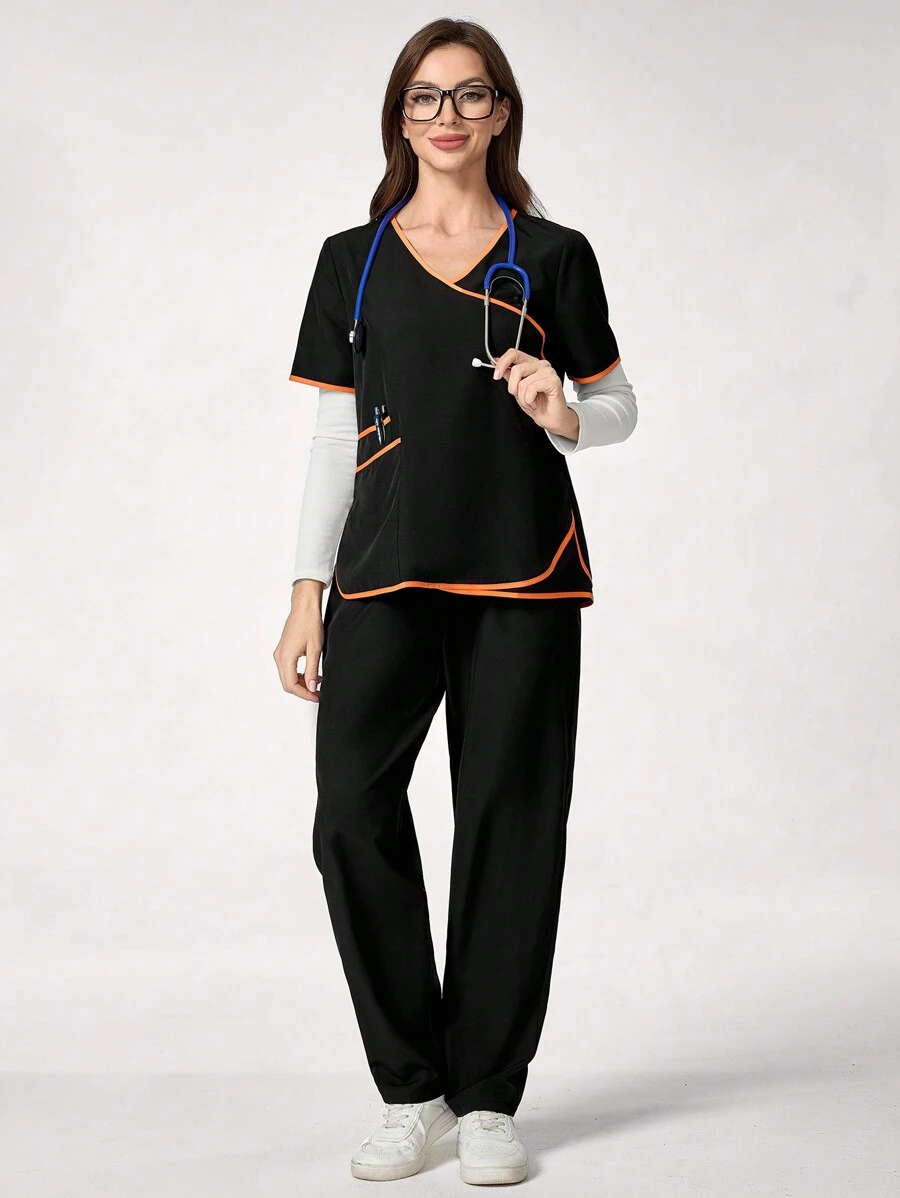 TaskEZ 2pcs Women Uniform Scrub Set: V-Neck Short Sleeve Top And Pants