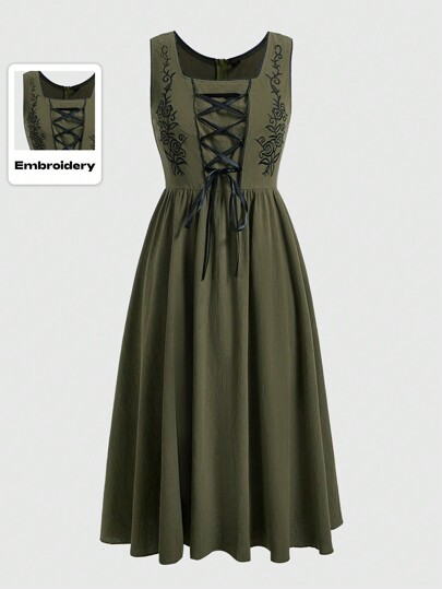 Fairycore Ärmeloses Damenkleid mit Stickerei und Schleifendesign, Schule