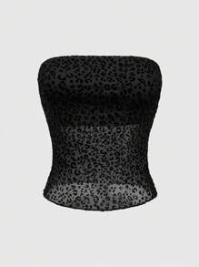 ROMWE Goth Top bandeau de malla transparente con estampado de leopardo para mujer - Negro - Ver 1