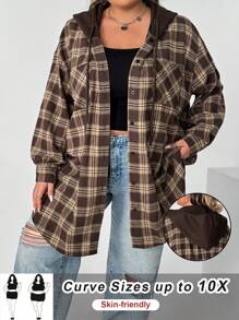 SHEIN CURVE+ 大码女式格子印花抽绳连帽外套，秋装 - 彩色 - 查看 3