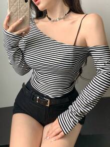 Dazy Star Women's Casual Striped Long Sleeve Slim Fit Asymmetrical Neck T-Shirt, Spring Autumn