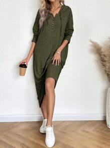 SHEIN LUNE Women's Solid Color Drop Shoulder Long Sleeve Button Hoodie Long Casual Dress, Spring/Fall - Army Green - View 3
