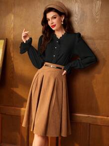 Vintamour 复古优雅女式衬衫，蕾丝拼接，V 领，长喇叭袖，荷叶边下摆和精致的珍珠纽扣，非常适合工作返校服装秋装女式衬衫秋季上衣秋季服装教师服装冬季女士复古服装白色长袖衬衫纽扣衬衫长袖上衣长袖衬衫 - 黑色 - 查看 5